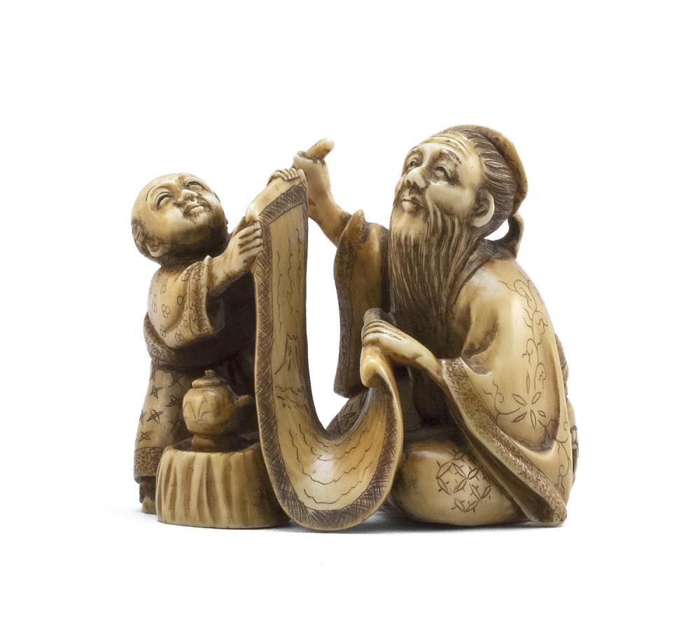 IVORY NETSUKE By Mitsuyuki. Depicting a sage painting a scroll with the assistance of a karako. Signed. Height 1.75". Not available...