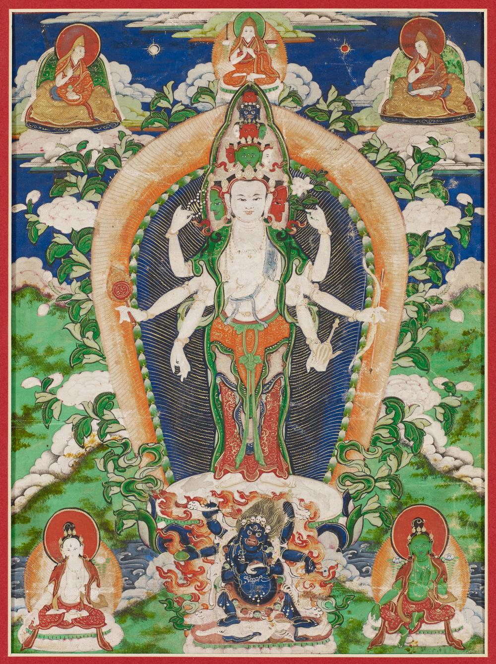 A THANGKA DEPICTING ELEVEN-HEADED AVALOKITESHVARA 清. 西藏十一面觀音唐卡