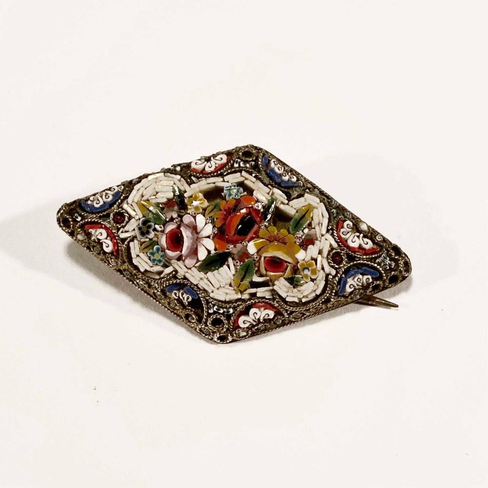 Italy Micro Mosaic 800 Silver Floral Diamond Shaped Pin