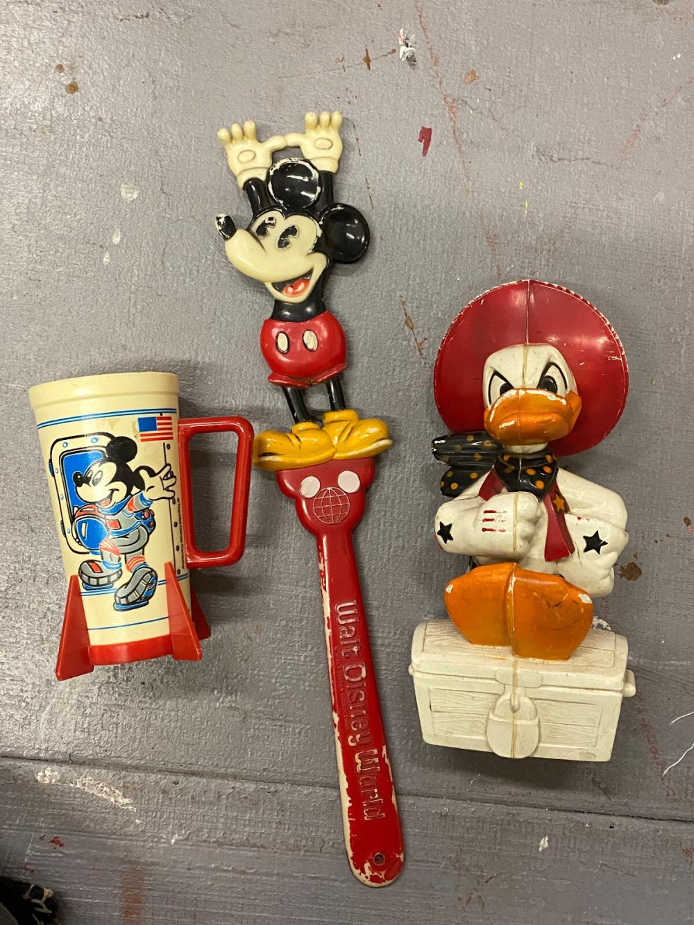 Vintage Disney Lot Mickey Rocket Mug Donald Duck Cowboy Bankd Mickey Back Scratc