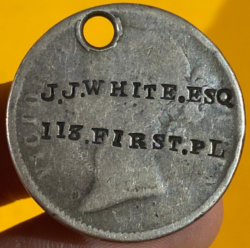 1840 East India Company Silver Dog Tag Counterstamped J.J. White Esq 113 First.