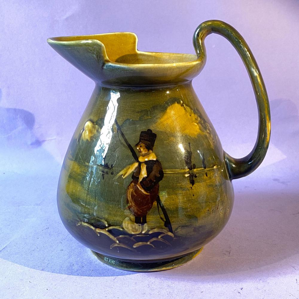 Antique Hand Painted Green Pitcher With Boat Scene - German Style - Signed