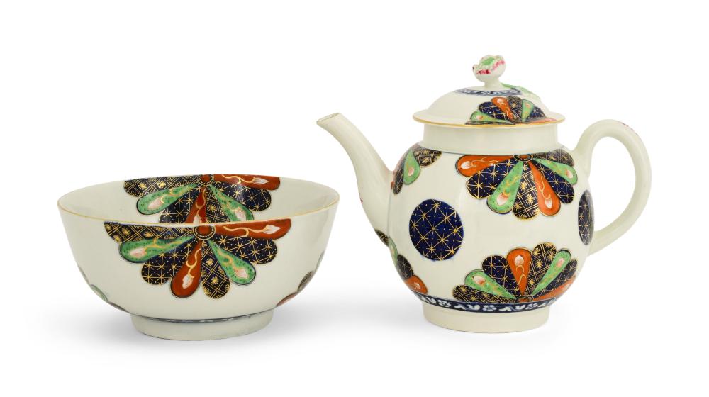 Early Royal Worcester Porcelain "Old Japan Fan" Bowl and Teapot