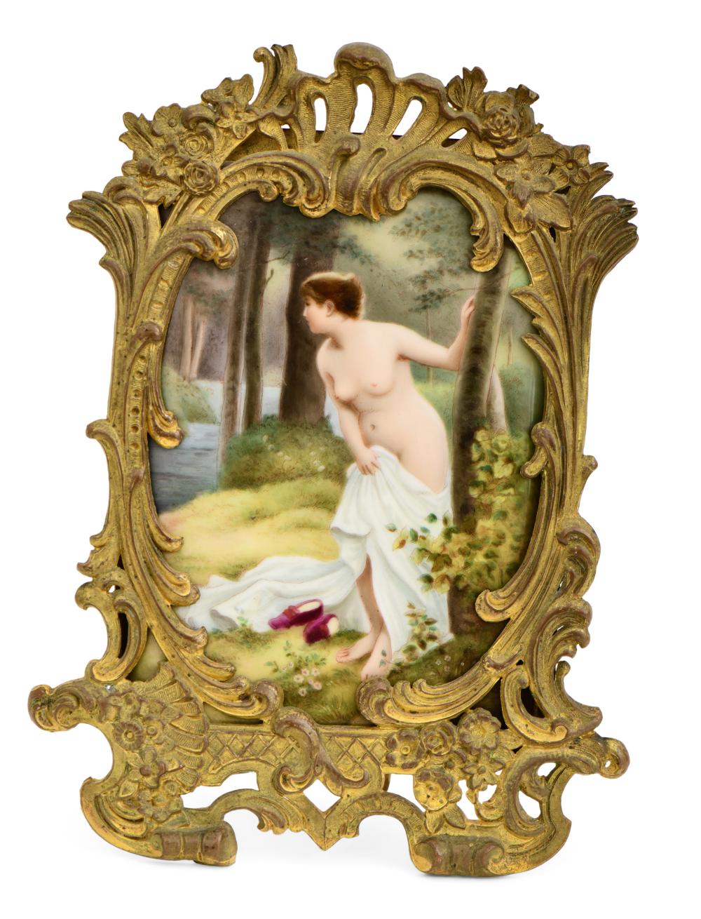 German Porcelain Plaque of a Nude Woman in a Forest by the Water
