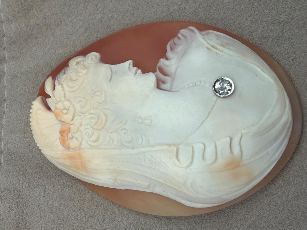 Estate Hand Carved Shell Diamond Cameo