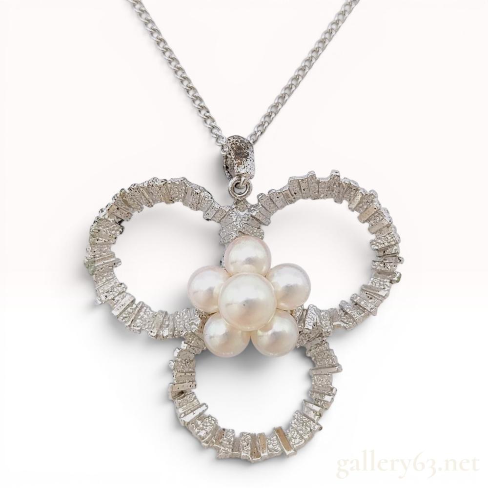 Mikimoto Cultured Pearl and Silver Textured Trefoil Pendant Necklace
