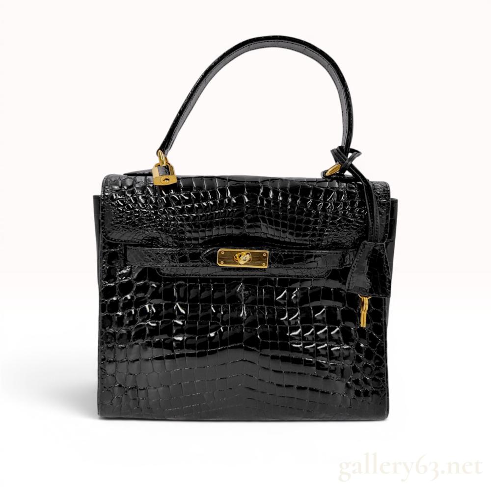 Vintage Glossy Black Crocodile Skin Top Handle Handbag in the Style of a Kelly 32