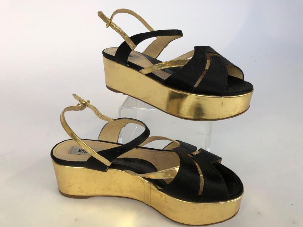 A PAIR OF ITALIAN MOSCHINO BLACK SATIN AND GOLD SANDALS