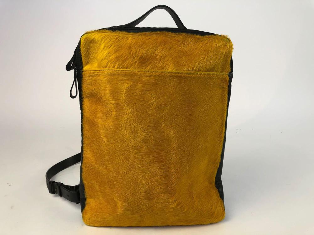 A GOLDEN YELLOW PONYHAIR AND BLACK LEATHER SATCHEL BY ATALIE MORCHAL