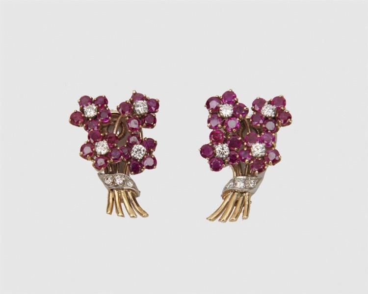 14K Gold, Ruby, and Diamond Earclips