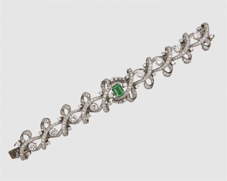 Platinum, Diamond, and Emerald Bracelet