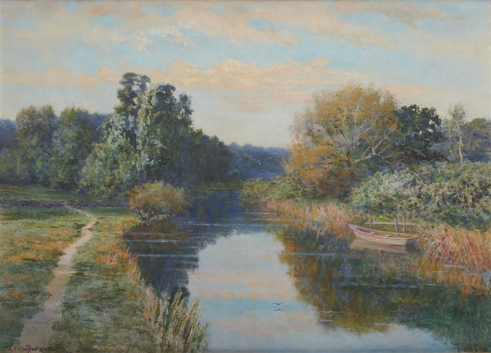 ROBERT WARD van BOSKERCK, (American, 1855-1932), Along the River, oil on canvas, 26 1/2 x 36 in., frame: 46 1/4 x 36 3/8 in.