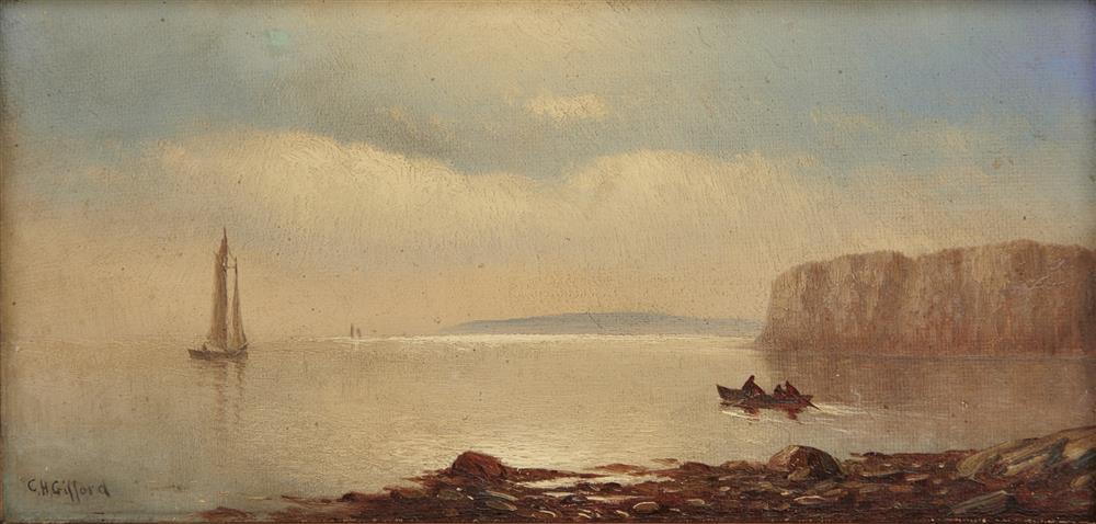 CHARLES HENRY GIFFORD, (American, 1839-1904), Coastal View, oil on canvas, 4 x 8 in., frame: 8 1/2 x 13 1/2 in.