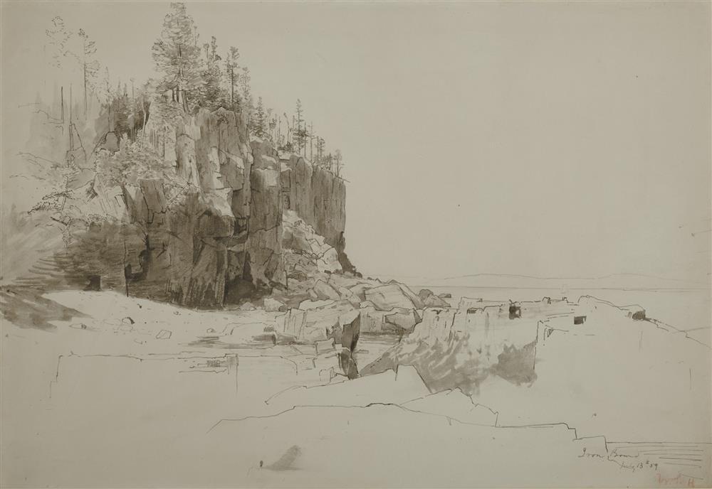 WILLIAM STANLEY HASELTINE, (American, 1835-1900), Ironbound Island, 1859, ink wash, sheet: 14 7/8 x 21 1/2 in., frame: 25 x 31 1/2 in.