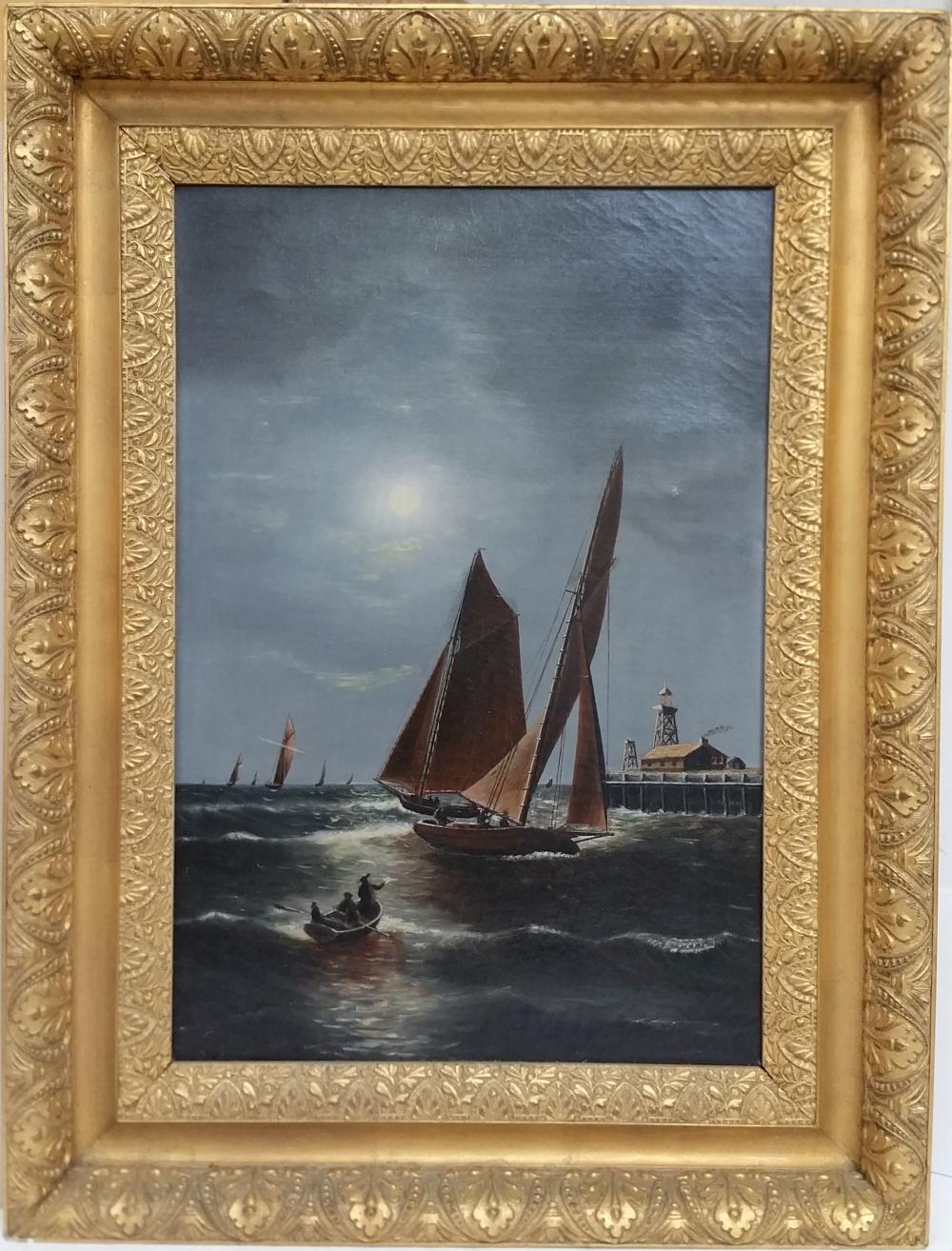 Potomac River Chesapeake Bay Moonlit Harbor Sailboat Seascape Large Oil Painting