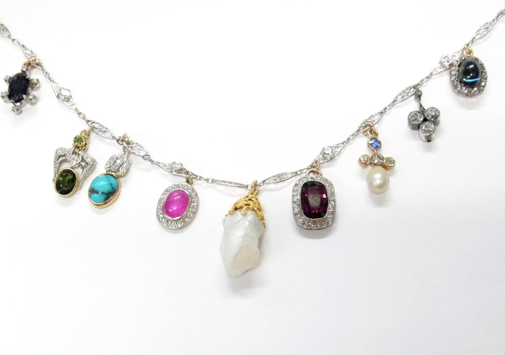 Antique Platinum & Gold Art Deco & Art Nouveau Diamond Charm Bracelet w/ Pearl Sapphire Turquoise Tourmaline 16.2 grams