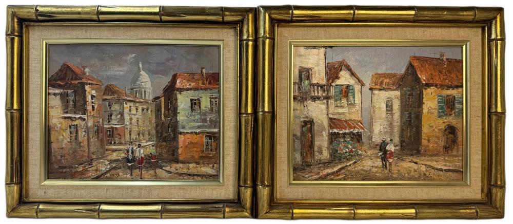 Pair of Vintage Christo Signed Impressionist Impasto Oil on Canvas Paintings in Gilded Bamboo Frames
