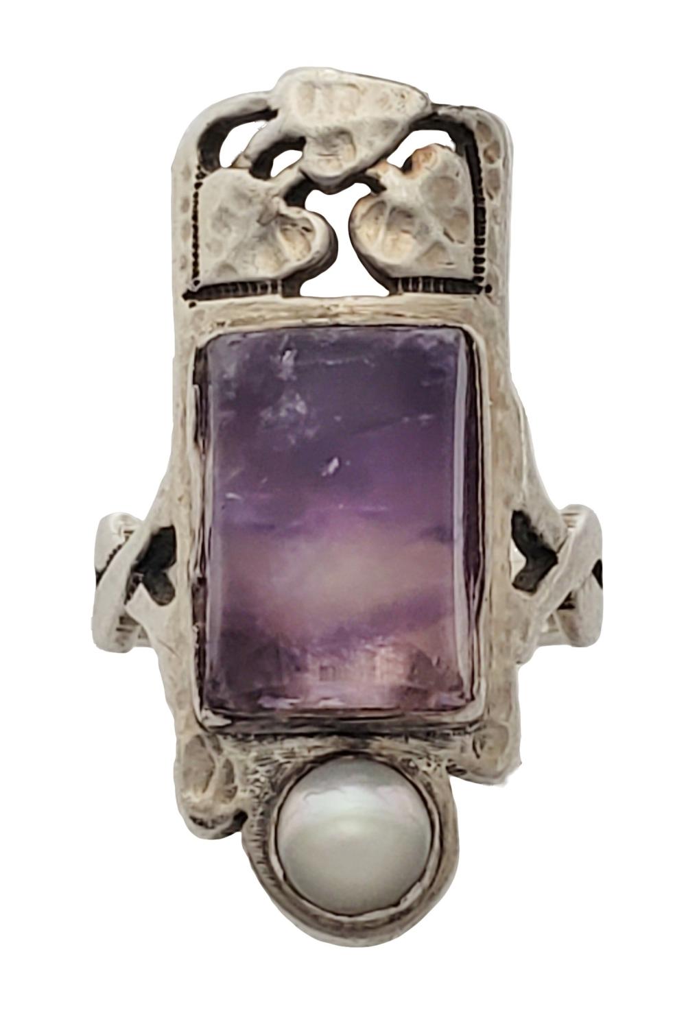 Artist John Spelman Amethyst Genuine Pearl Fine Silver Arts Crafts Studio Hand Made Ladies Ring MI IL TN SC