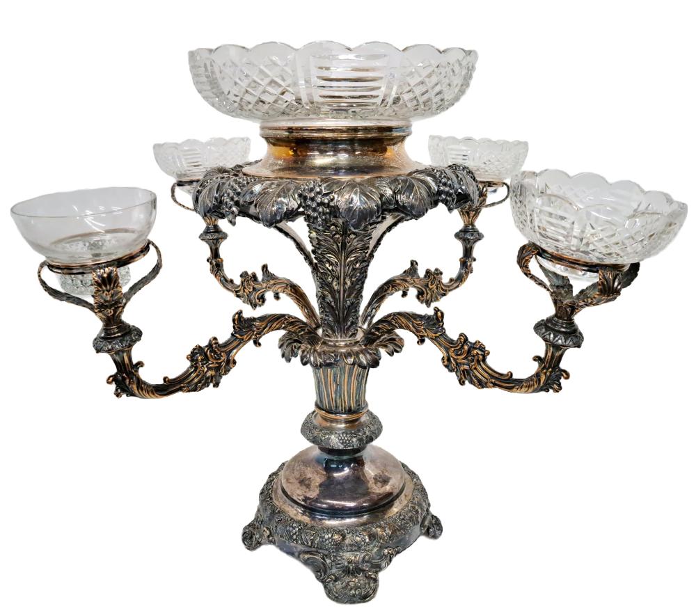 Monumental Estate Silver Plate Epergne Grapes Crystal Centerpiece