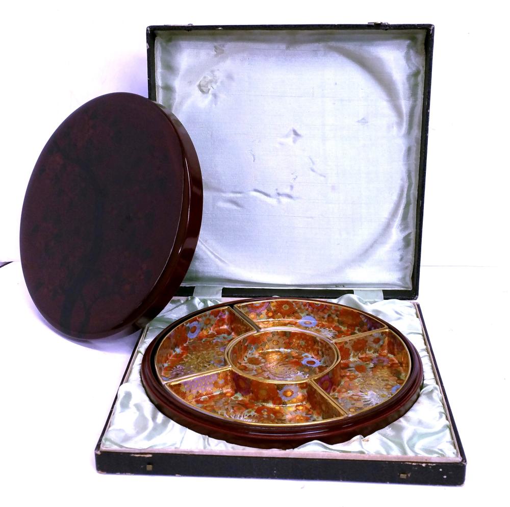 Boxed Satsuma Circa Taisho Antique Pottery Signed Serving Dish Set Japanese