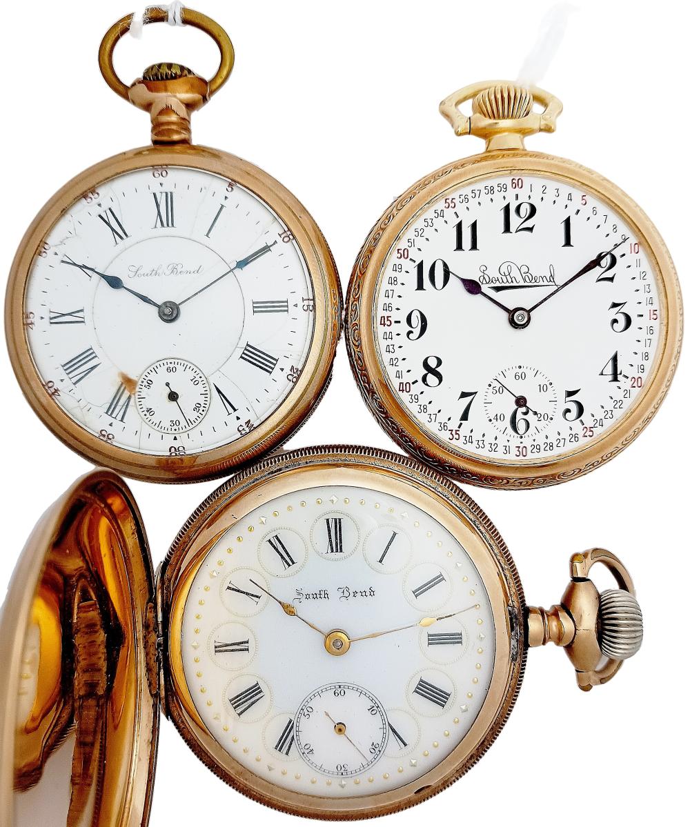 Lot Of 3 South Bend Watch Co Antique High Grade Mens Fancy Dial Hunter & Openface Pocket Watches