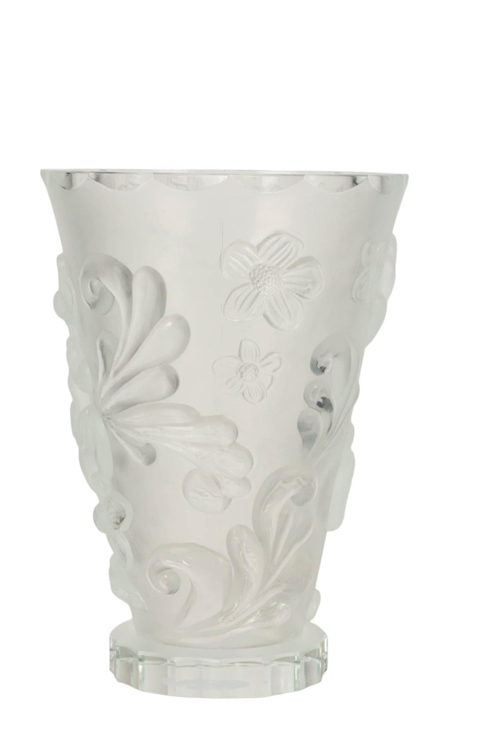 Lalique Clear Glass Tapered Folitae Scroll Vase