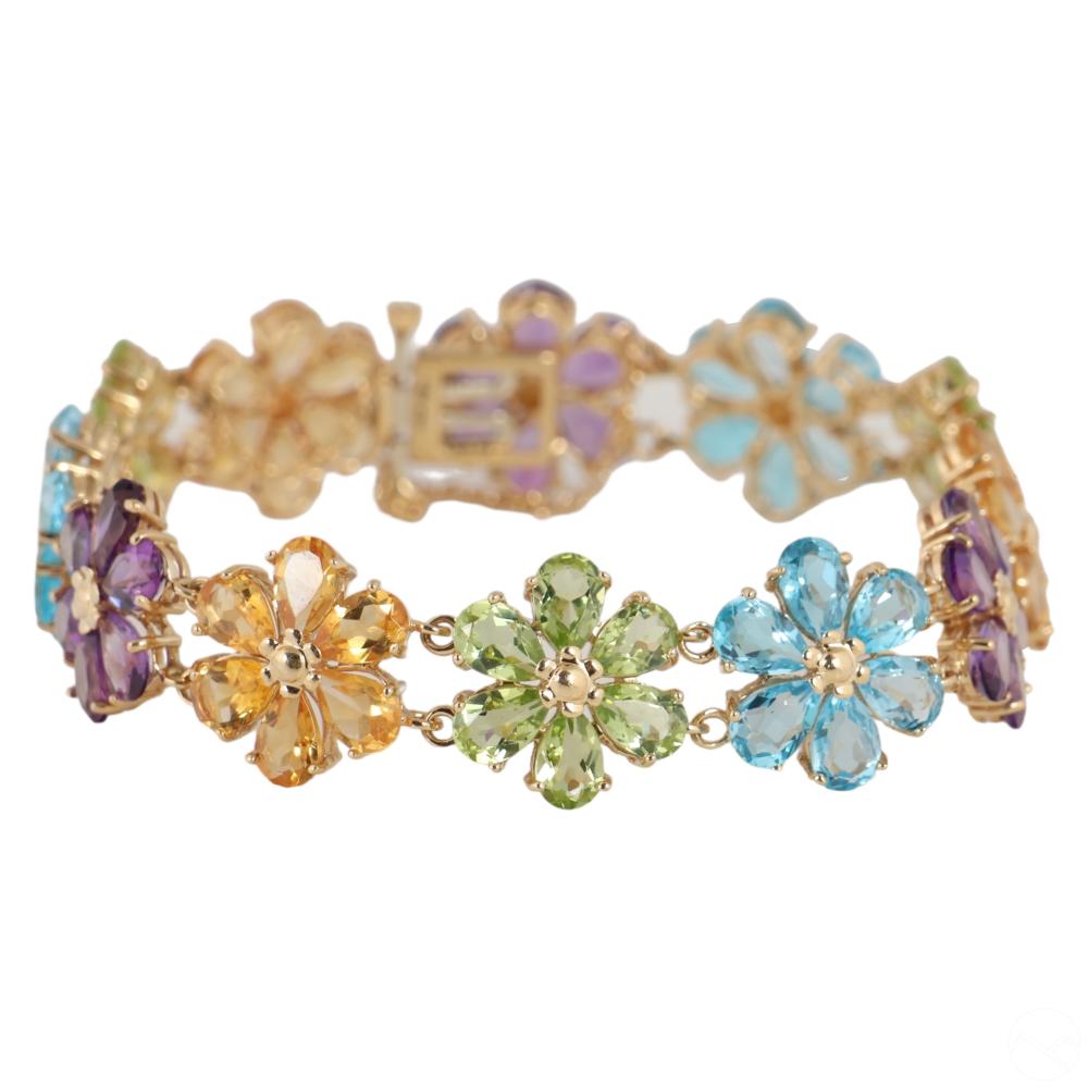 14K Gold Multi Gemstone Daisy Chain Bracelet 16g
