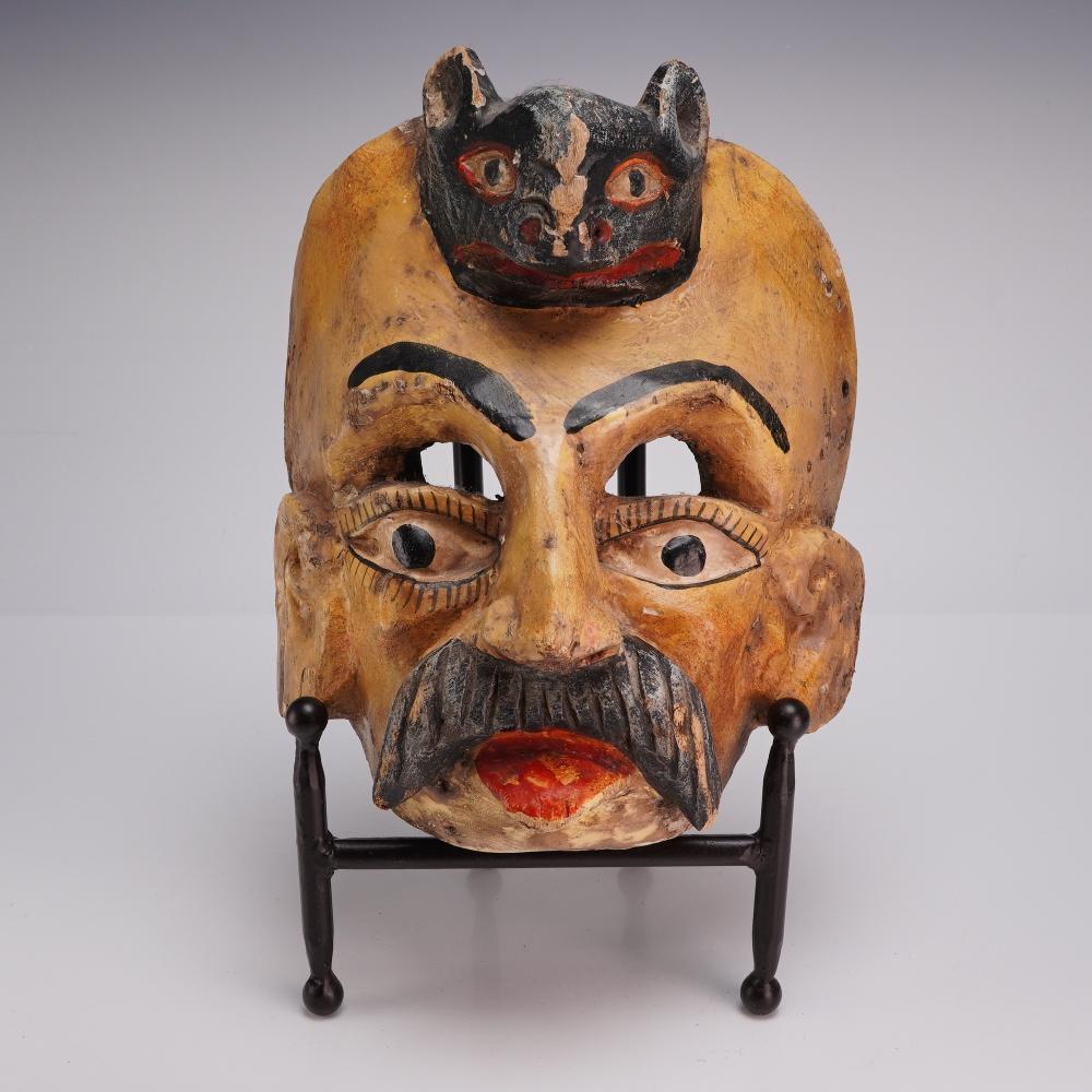 Mexican Polychrome Hand-Carved Wood Conquistador Dance Mask