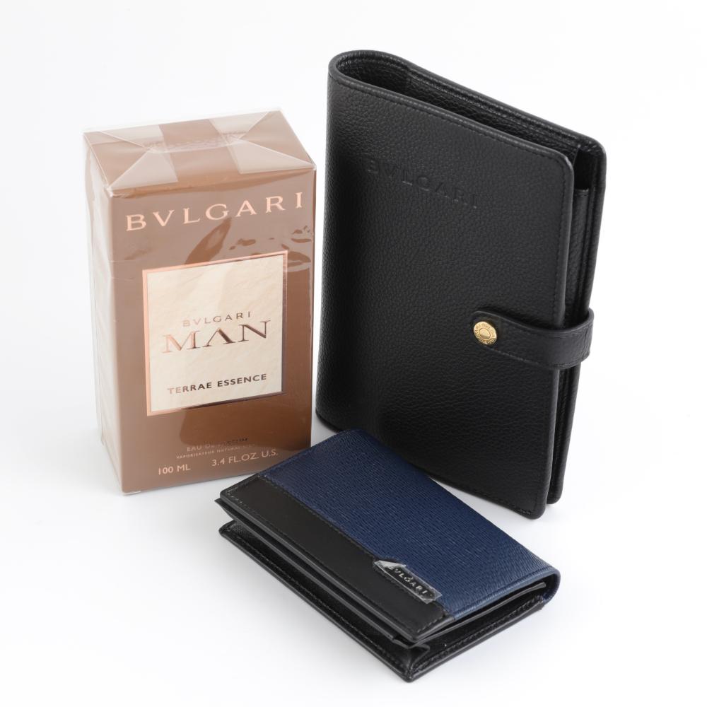BVLGARI A perfume, a leather watch pouch, and a card holder.