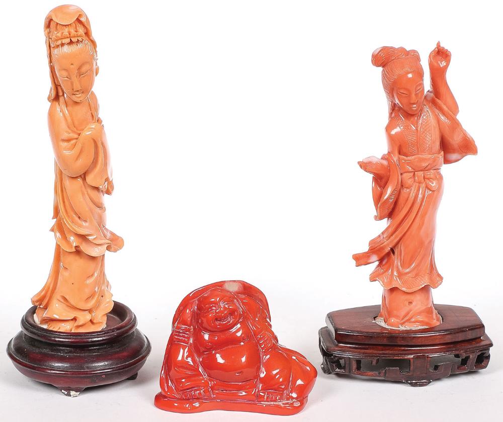 THREE CHINESE CARVED CORAL FIGURES.