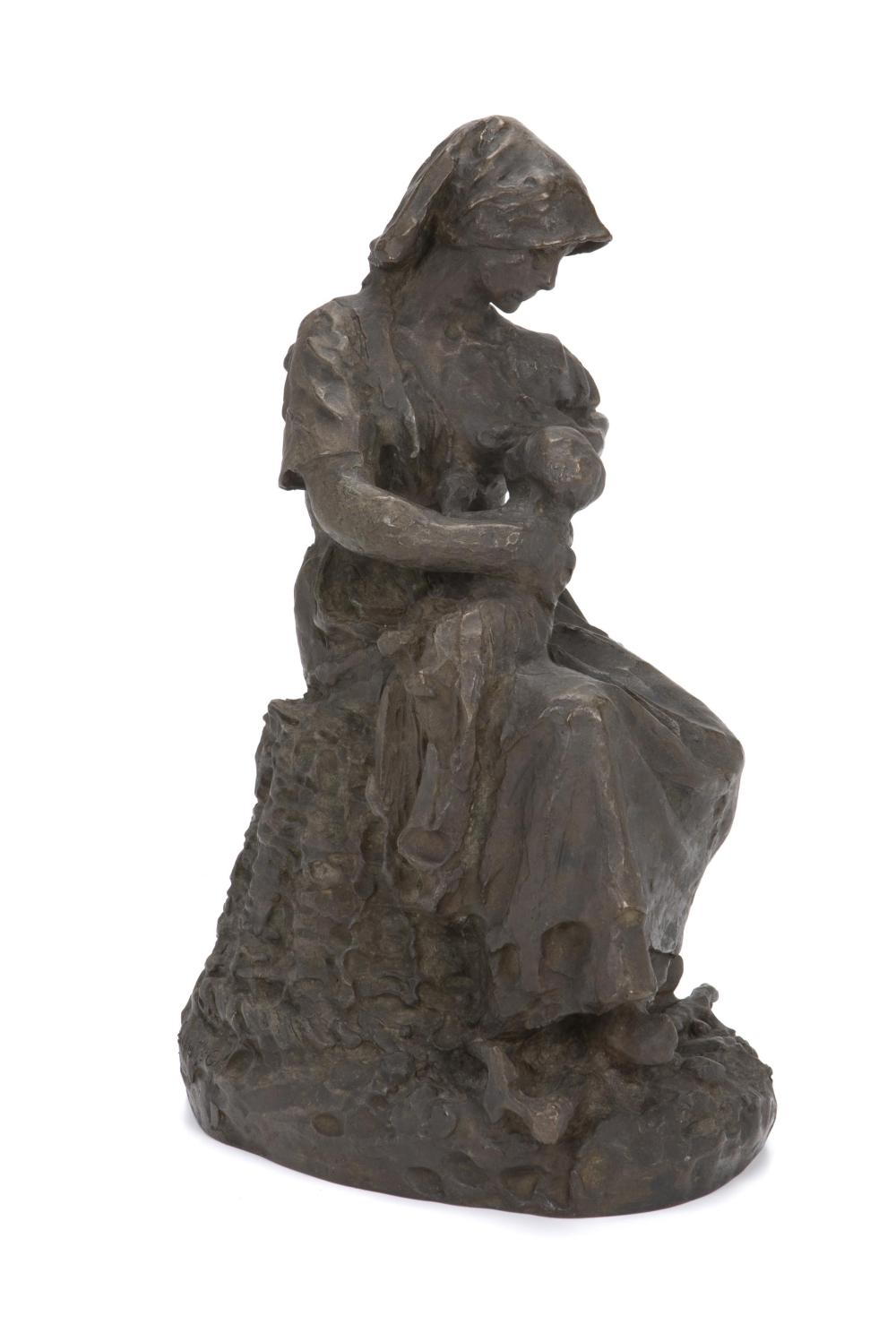 Jules Dalou, (1838-1902, French), "Paysanne Française Allaitant son Enfant", Patinated bronze, 15.5" H x 7.25" W x 9.5" D