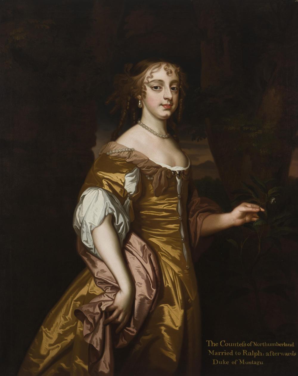 Follower of Sir Peter Lely, (1618-1680 British), Portrait of the Countess of Northumberland, standing three-quarter length, in a gold d