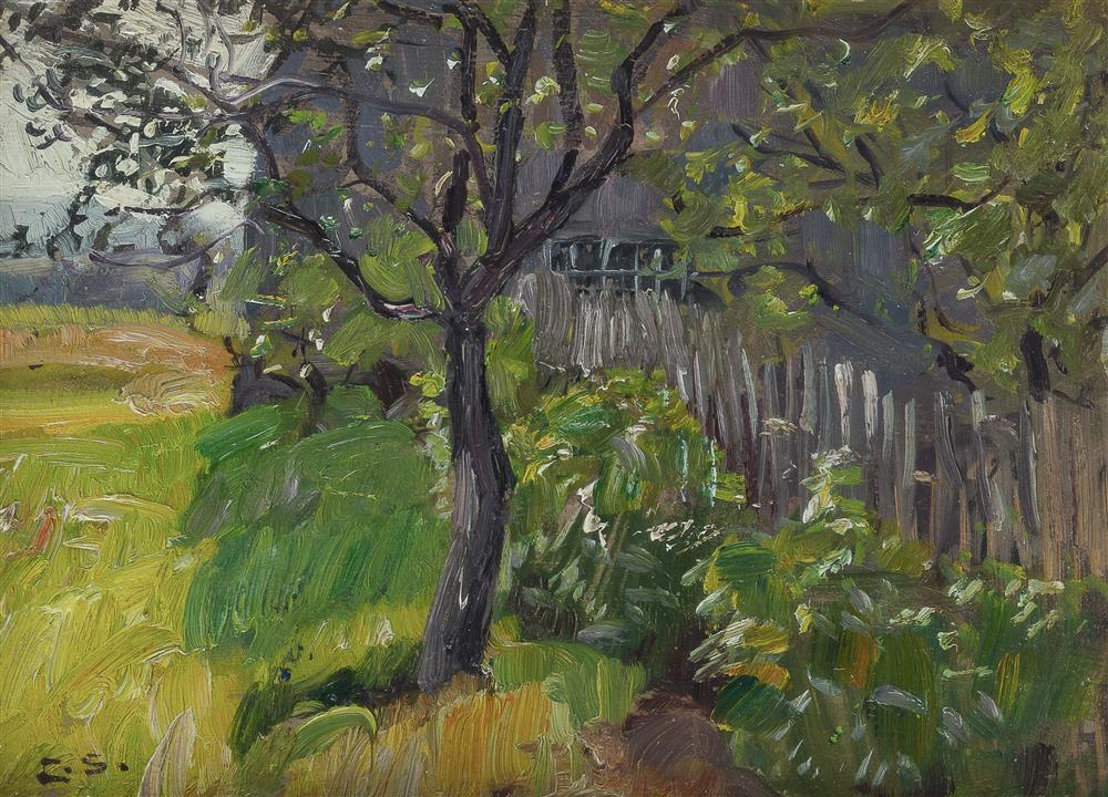 George Gardner Symons, (1863 - 1930 Laguna Beach, CA), Spring landscape with picket fence, Oil on board under glass, 6.25" H x 8.75" W