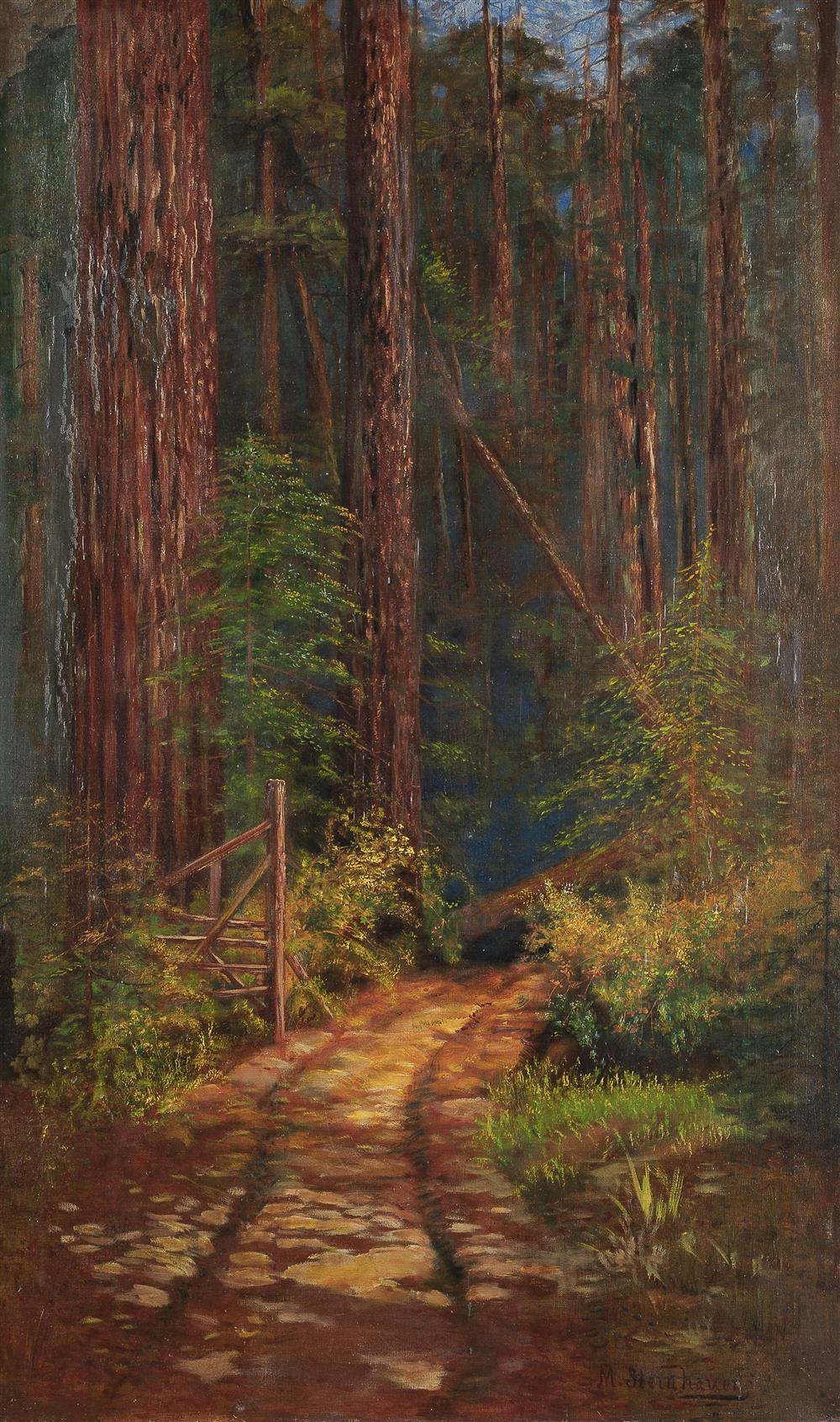 Mary Minnie Steinhauer, (b. 1863 Eureka, CA), Road through a redwood forest, Oil on canvas, 36" H x 21" W
