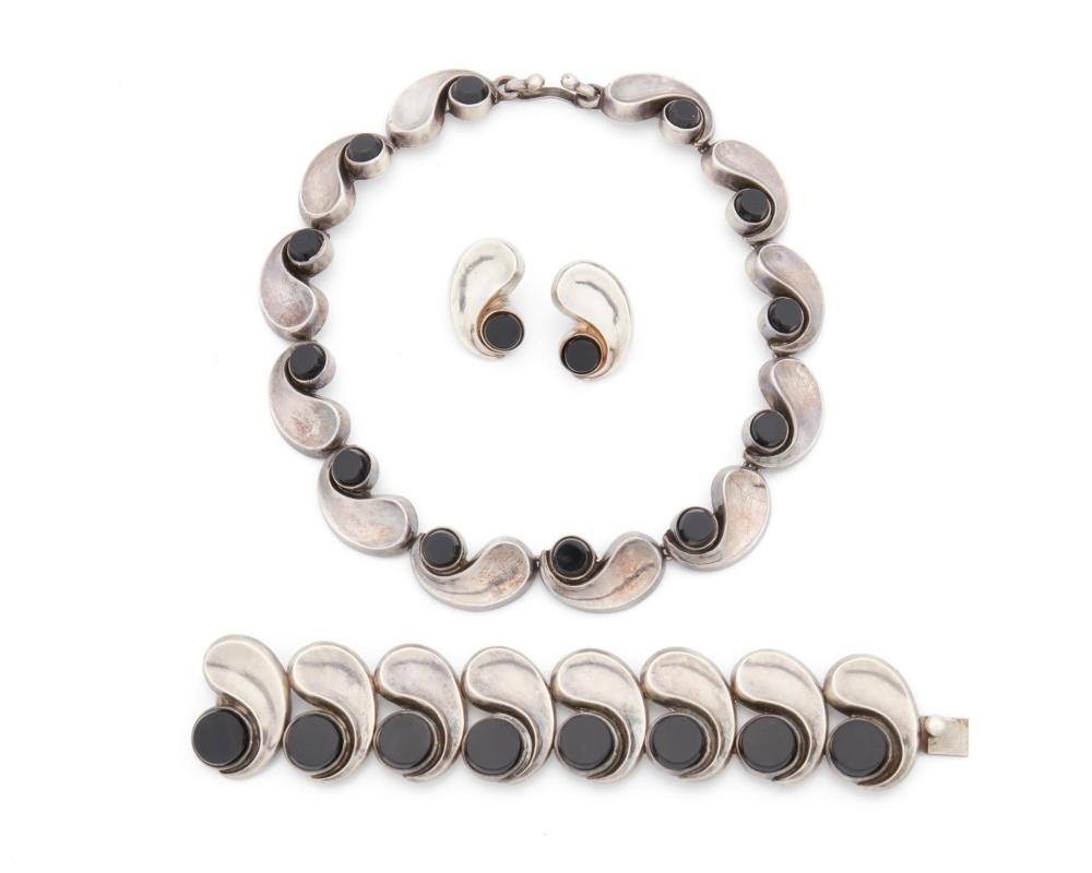 An assembled set of Antonio Pineda silver and onyx jewelry