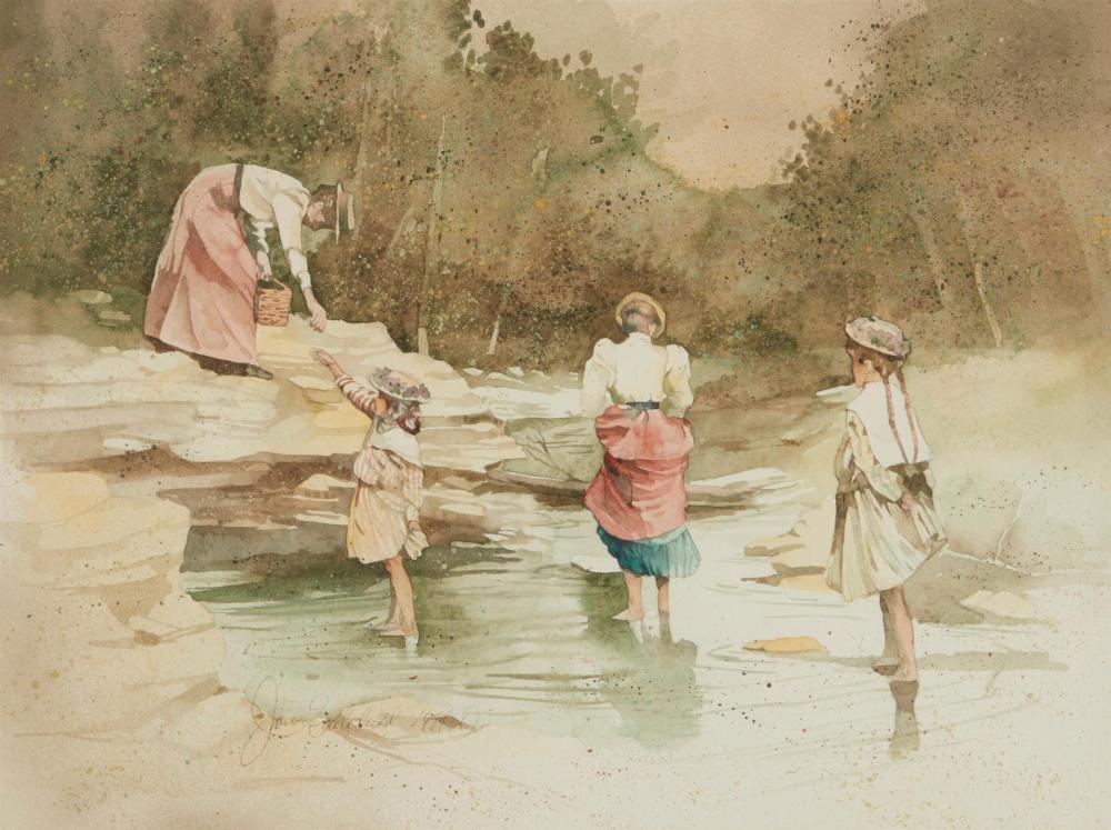 Attributed to Joan Goodchild, (1942-2021, American), Women wading in a wooded stream, 1984, Watercolor on paper under glass, Sight: 14.