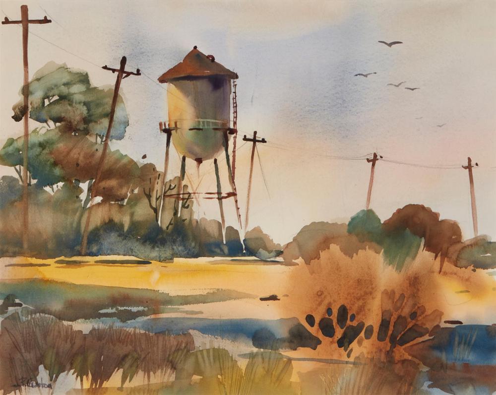Jerome Priebe Gaston, (1911-1989), Watertank in a landscape, Watercolor on paper, Sight: 16.5" H x 21" W
