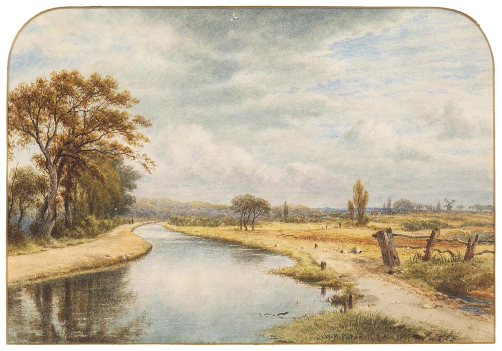Waller Hugh Paton R.S.A., (1828-1895, British), River with trees and windmill in distance, 1887, Watercolor on paper under glass, Sight