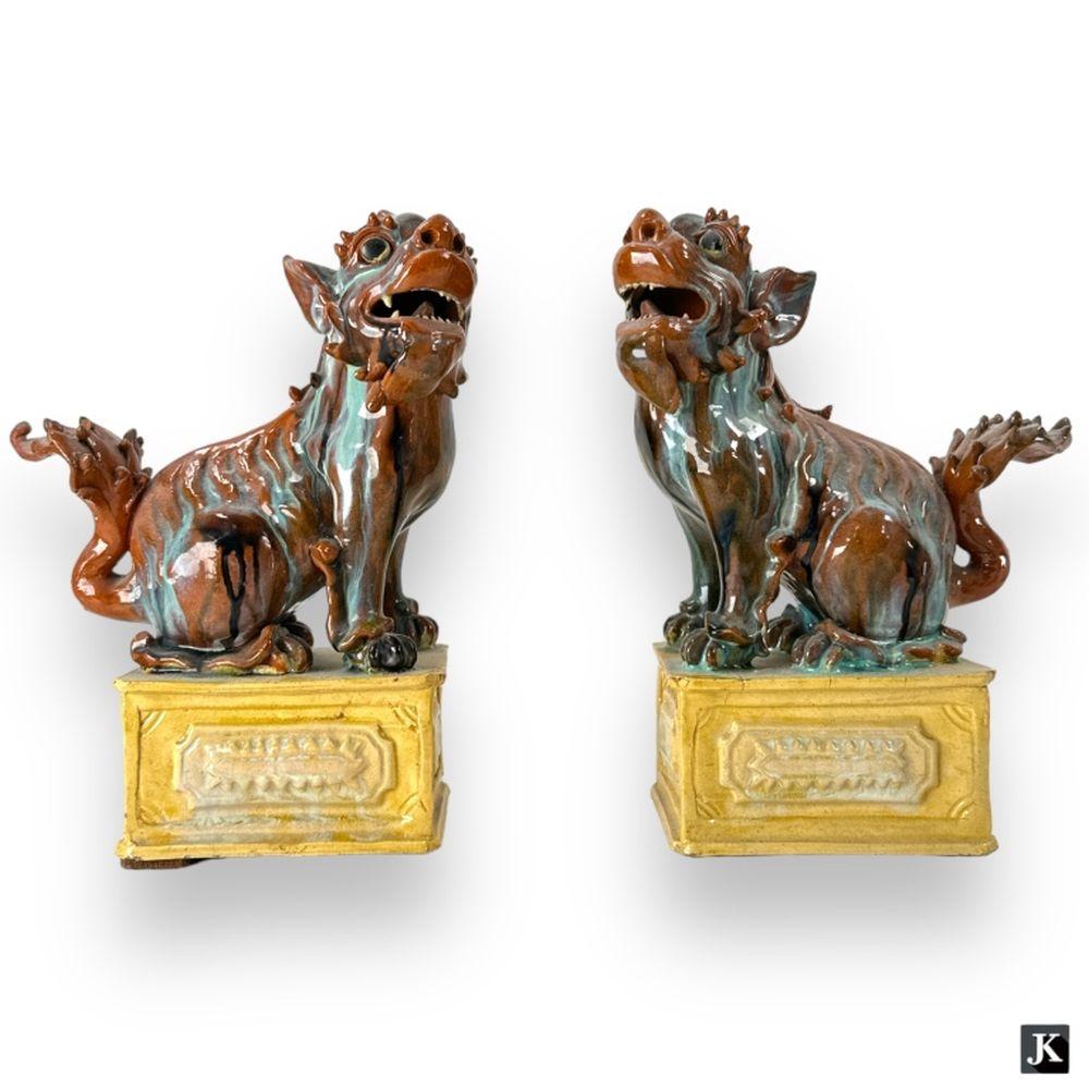 Pr Chinese Glazed Pottery Foo Lion Sculptures