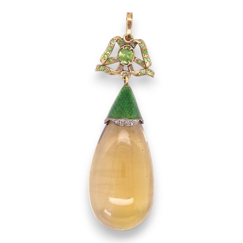 Russian 14K Crystal Diamond Garnet Teardrop Pendan