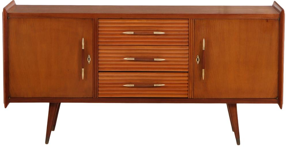 A MAHOGANY TWO DOOR DRESSER HAVING A CENTRAL BANK OF DRAWERS C 1950.