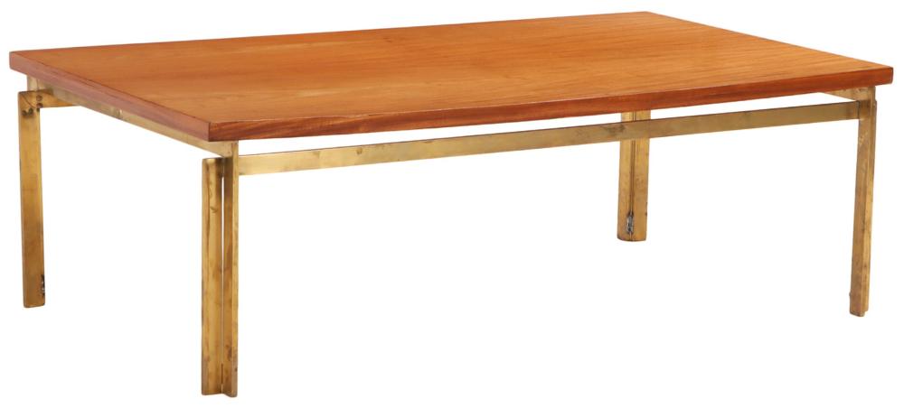 LARGE BRASS AND SAPELLE WOOD COFFEE TABLE C 1960 IN THE MANNER OF POUL KJAERHOLM.