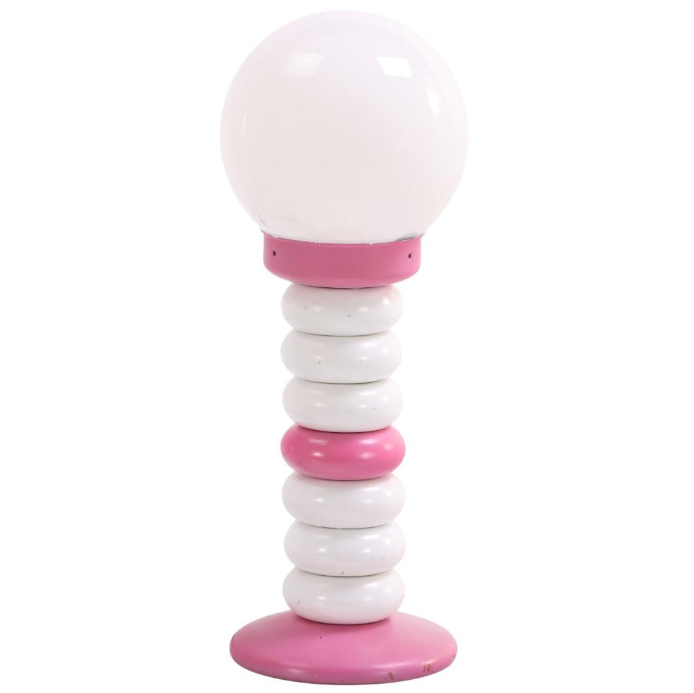 A PINK AND WHITE PAINTED WOOD TABLE LAMP HAVING GLASS GLOBE C 1960