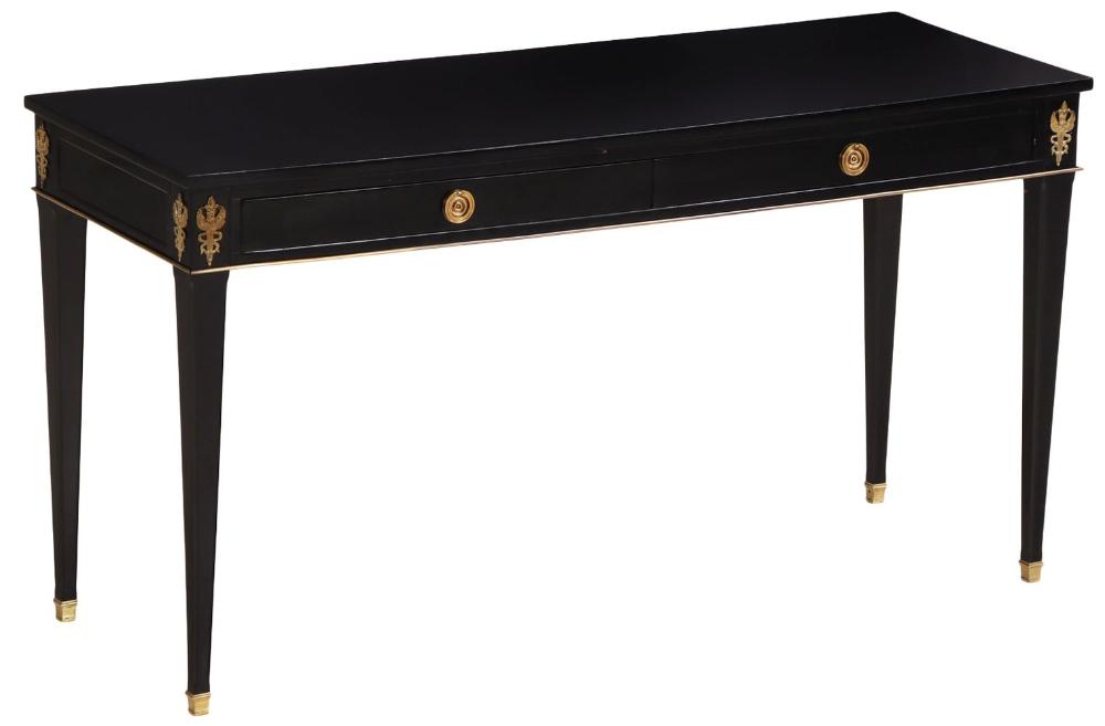 EBONIZED MAHOGANY DIRECTOIRE STYLE BRONZE MOUNTED TWO DRAWER WRITING DESK C 1950.