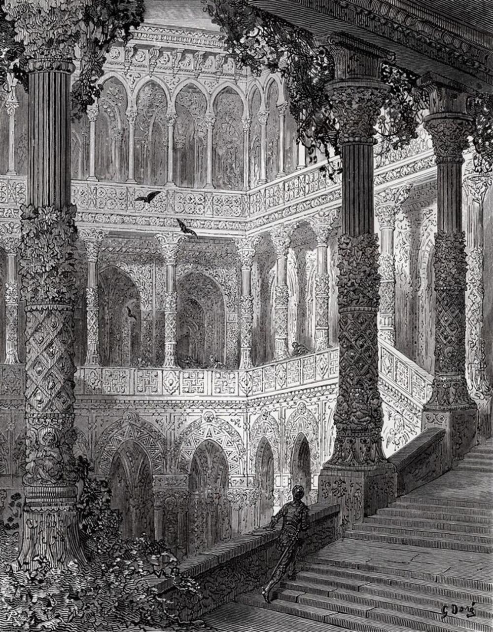1800s Gustave Dore Woodcut ATLANTE'S PALACE OF ILLUSions Signed Framed