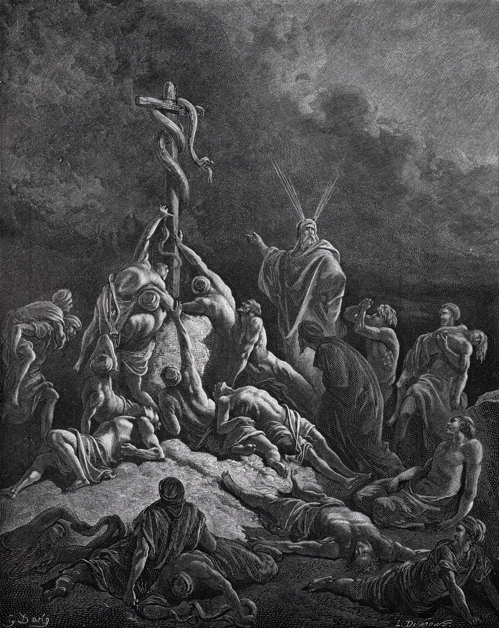 1800s Gustave Dore Wood Engraving THE BRONZE SNAKE Framed Signed