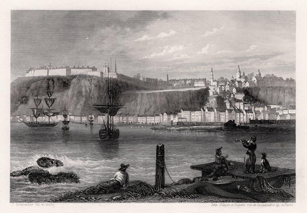 J Schroeder 1800s Original Engraving The Port of Quebec SIGNED FRAMED