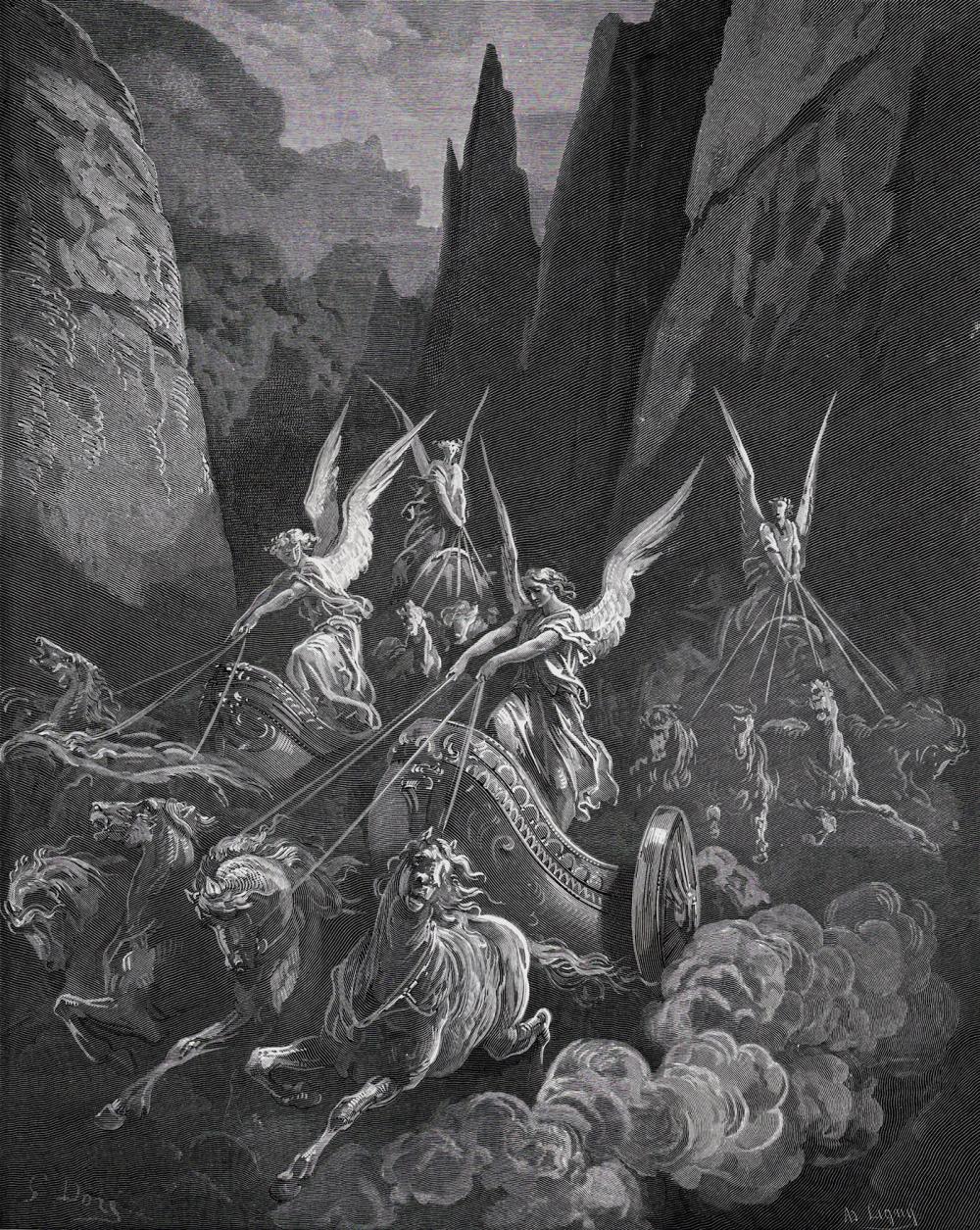 GUSTAVE DORE 1800s Religious Woodcut Vision of the Four Chariots SIGNED Framed