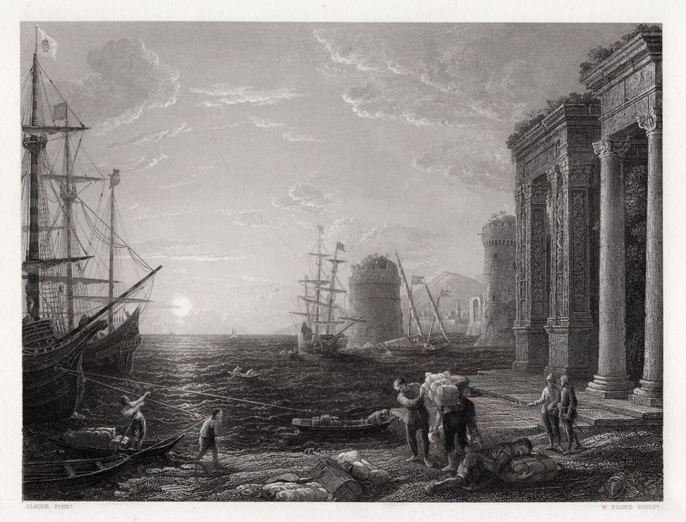 1800s Claude LORRAIN Engraving The Sea Port SIGNED Framed