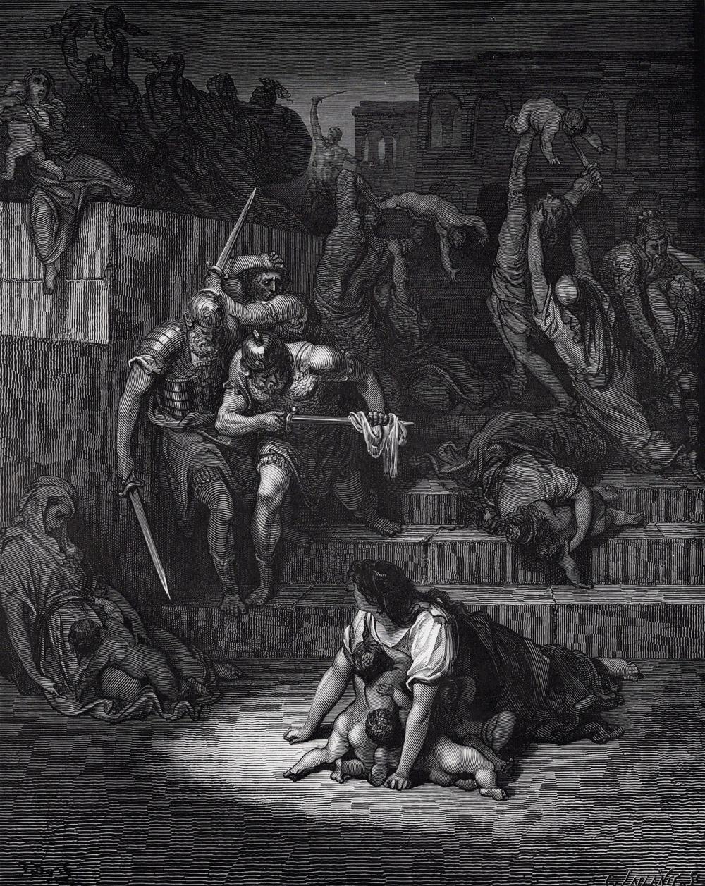 1800s GUSTAVE DORE Religious Woodcut Herod Kills the Children SIGNED FRAMED